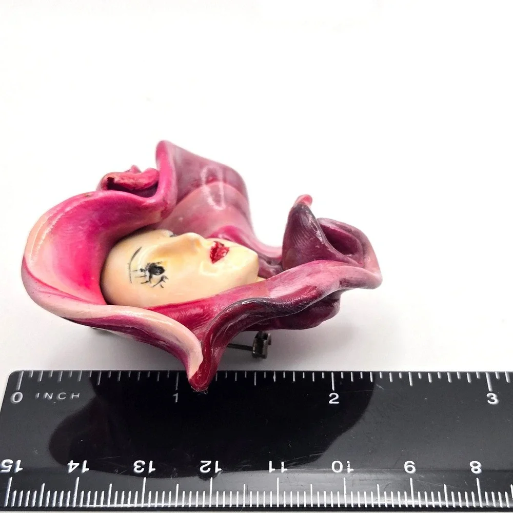 Handmade Lady Face Clay Brooch Pink Purple Marbled Hat Rose Art Deco Style